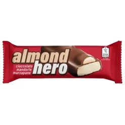 Snack Al Cioccolato-Almond Hero , barretta di marzapane e mandorle intere ricoperta di cioccolato al latte da 40g