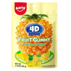 Caramelle Gommose E Morbide-Amos 4D Fruit Gummy Pineapple Burst, caramelle gommose ripiene al gusto di ananas da 65g