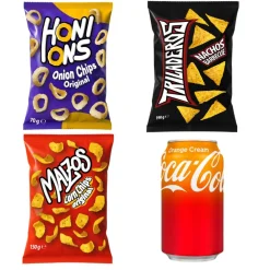 Soft Drink|Patatine E Chips-American Uncle Kit Aperitivo: 1 Honions Onion Rings da 70g, 1 Triladeros Nachos BBQ da 190g, 1 Maizos Corn Chips Original da 150g, 1 Coca Cola Orange Cream da 355ml