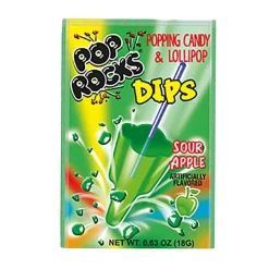Caramelle Dure, Lollipop E Pez-Pop Rocks Dips Sour Apple, caramella dura al gusto di mela verde da 18g
